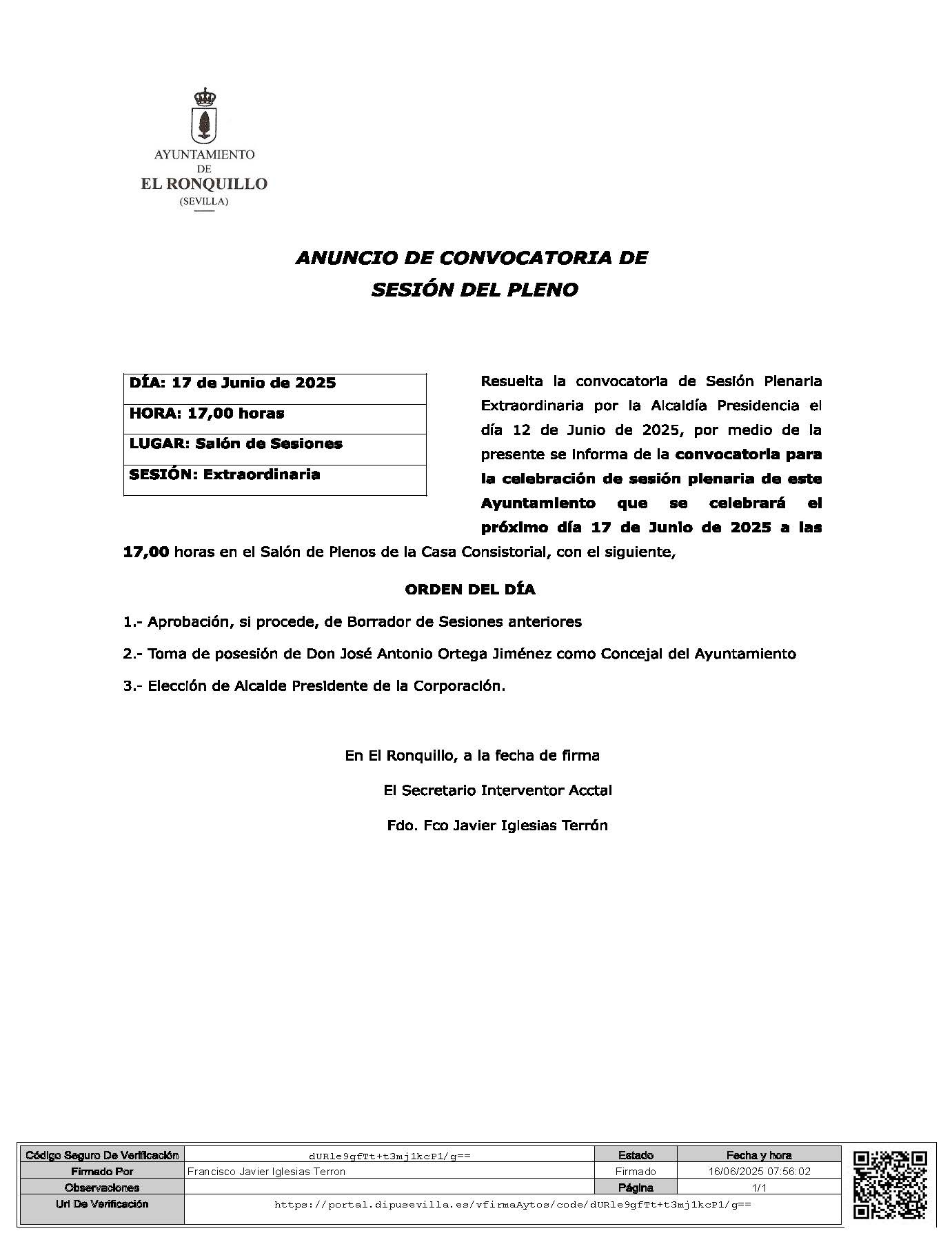 Anuncio Informacion Publica convocatoria sesión plenaria 17 Junio 2025