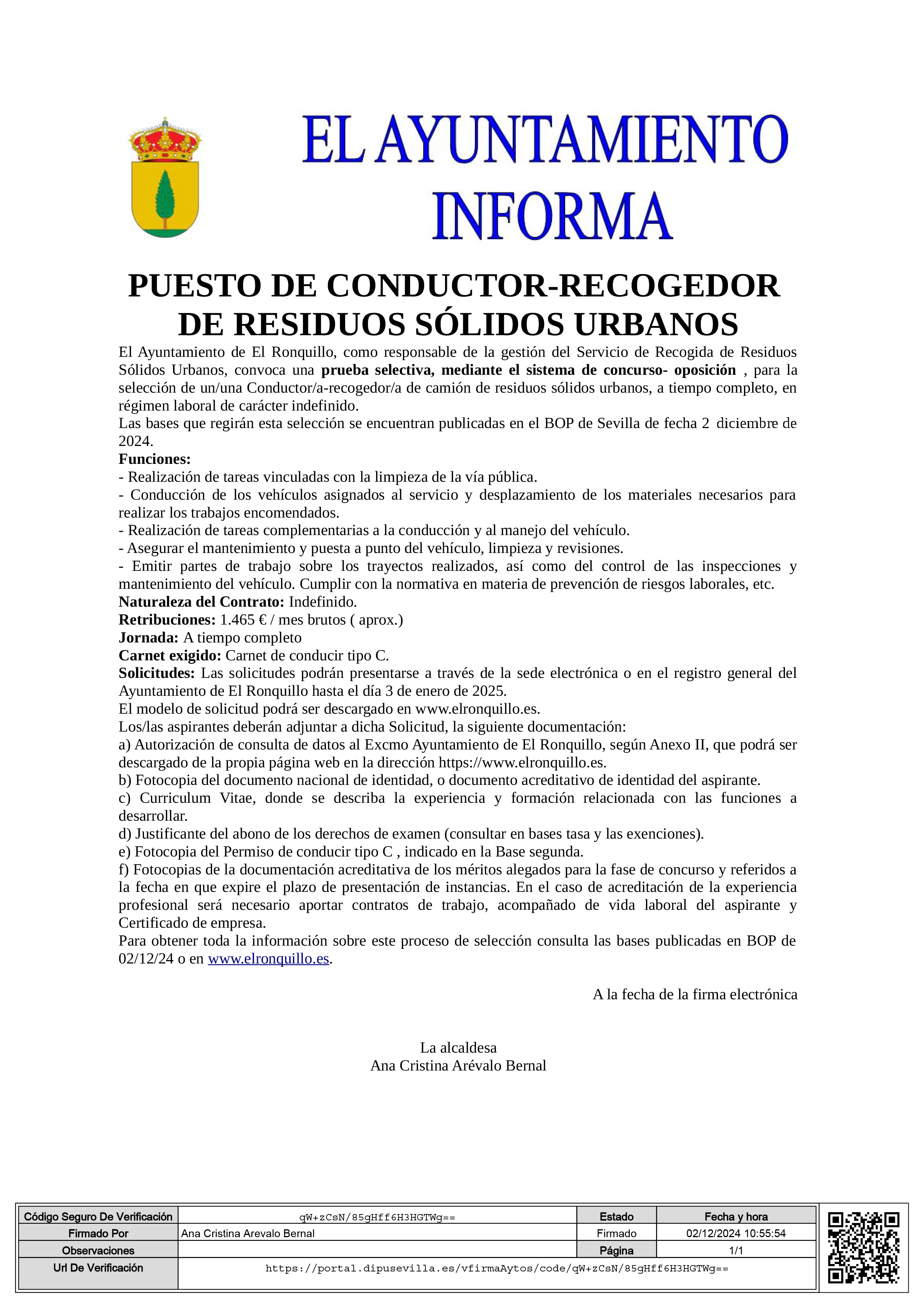 Bando conductor recogedor de residuos solidos urbanos r