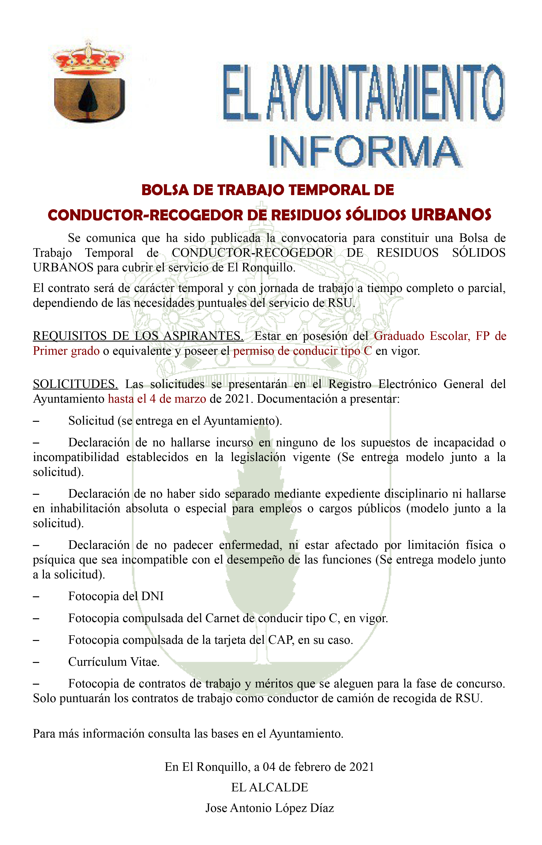 Bolsa trabajo conductor basura p
