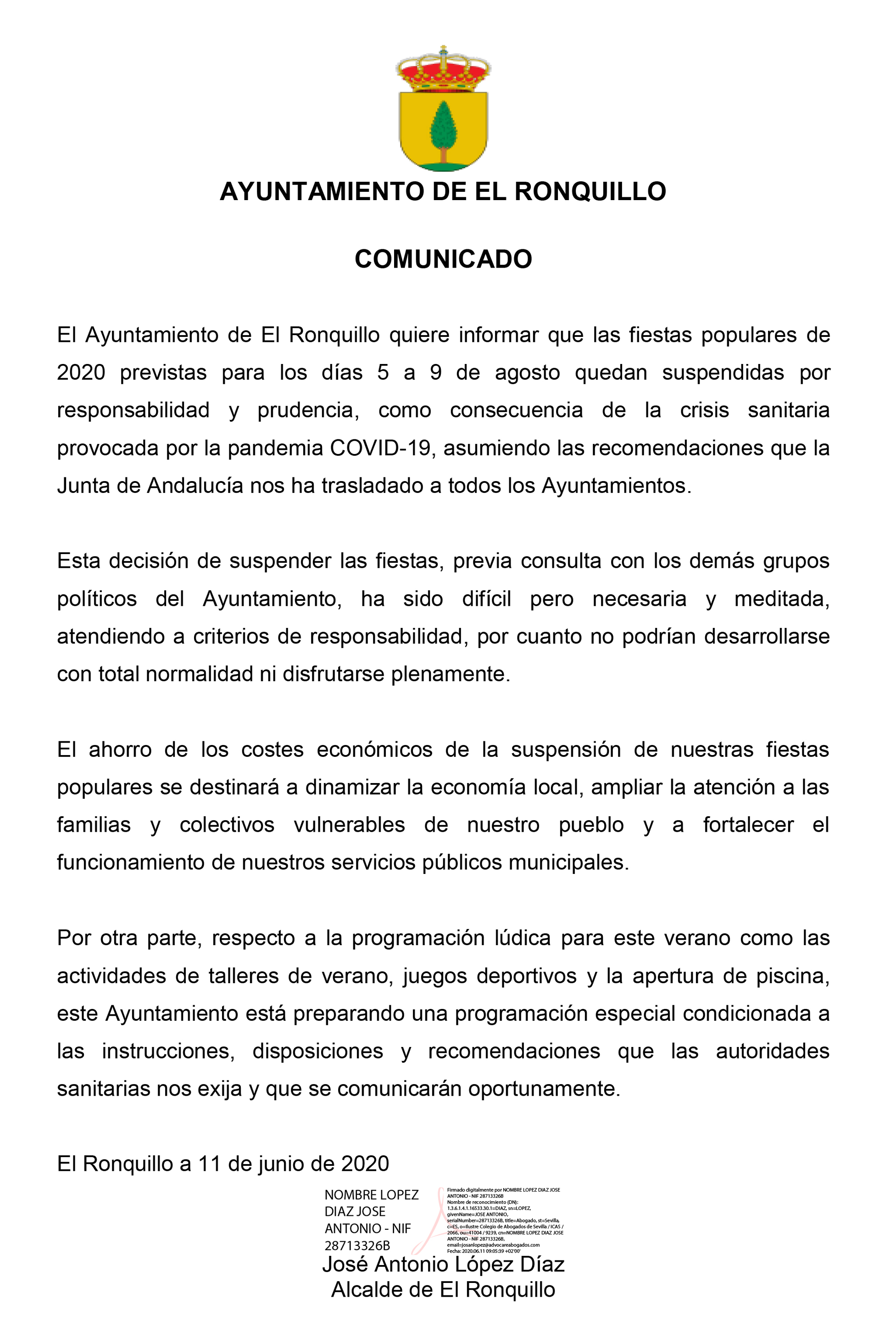 Comunicado de suspensión de fiestas populares